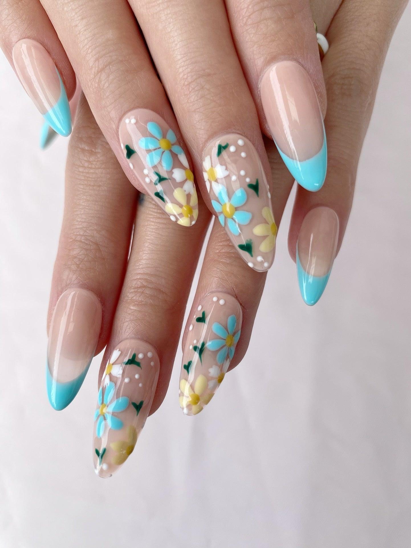 Blue Garden - GO2NAIL  MEDIUM ALMOND PressOnNails