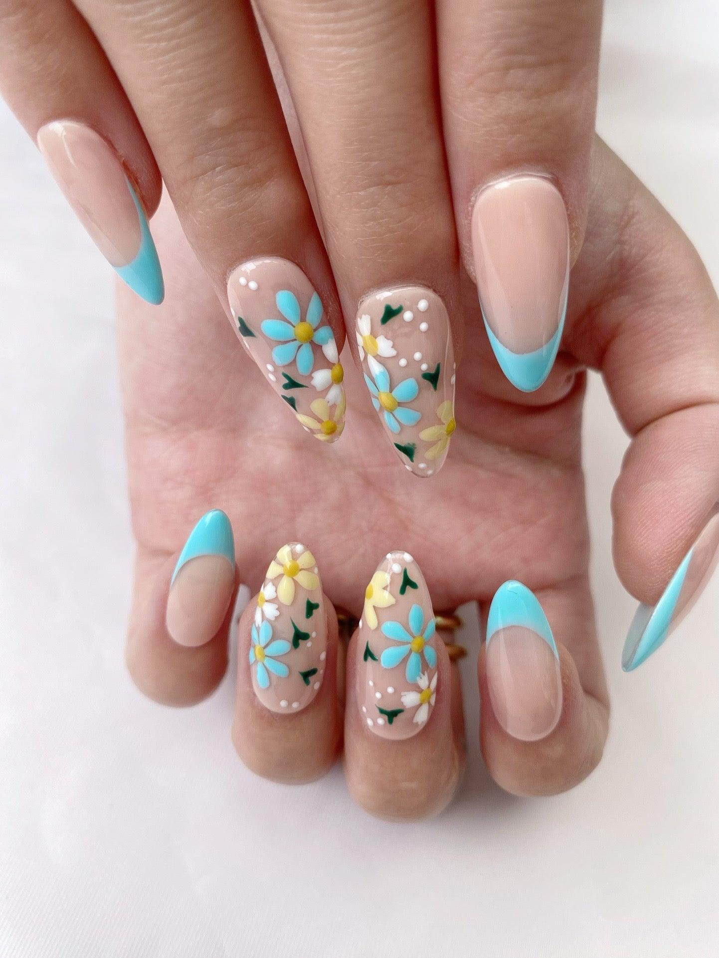 Blue Garden - GO2NAIL  MEDIUM ALMOND PressOnNails