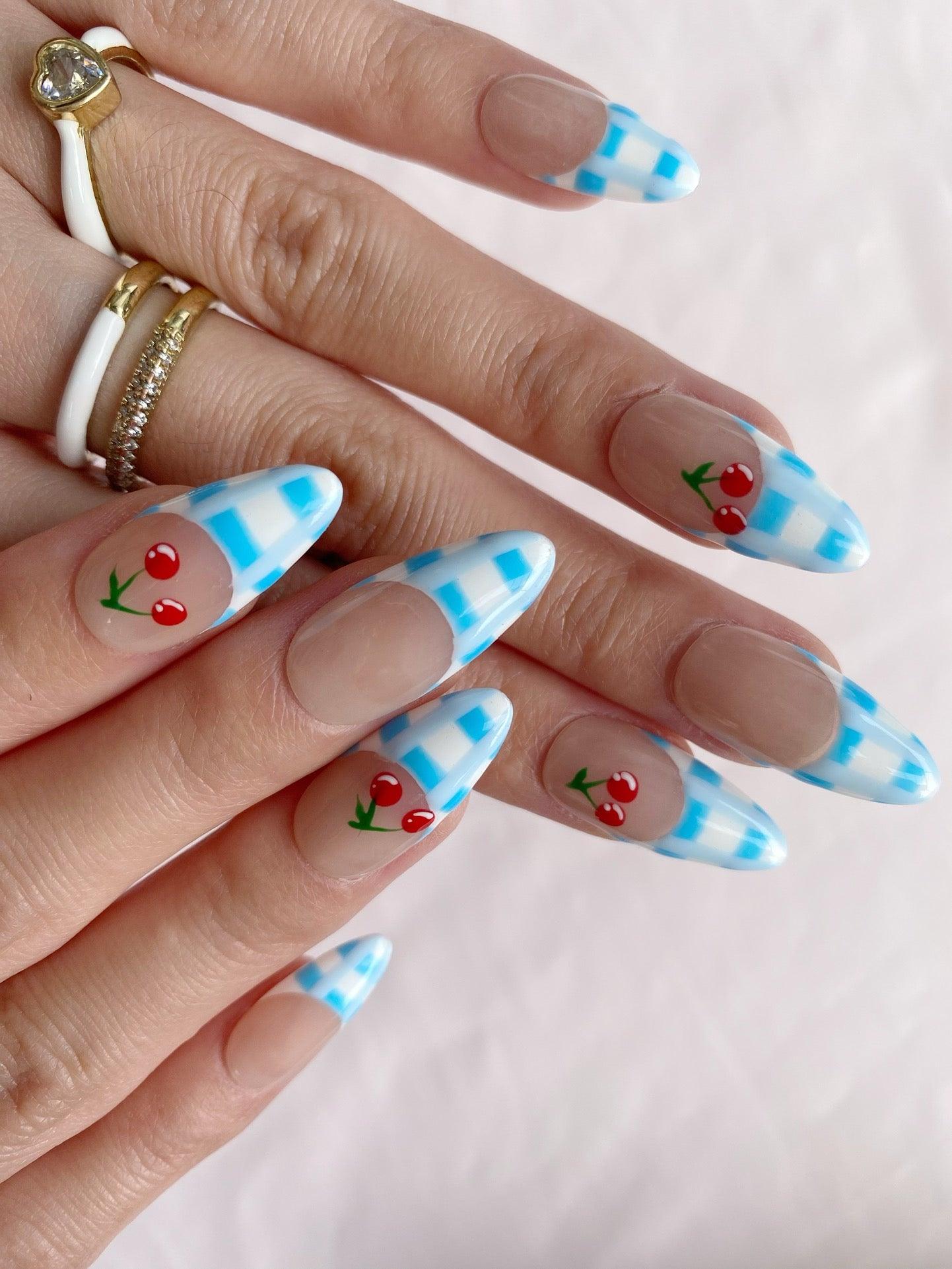 Cherry Check - GO2NAIL  MEDIUM ALMOND PressOnNails