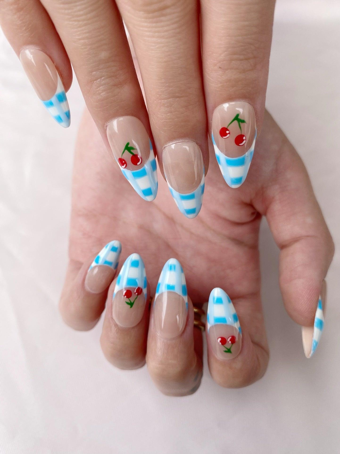 Cherry Check - GO2NAIL  MEDIUM ALMOND PressOnNails