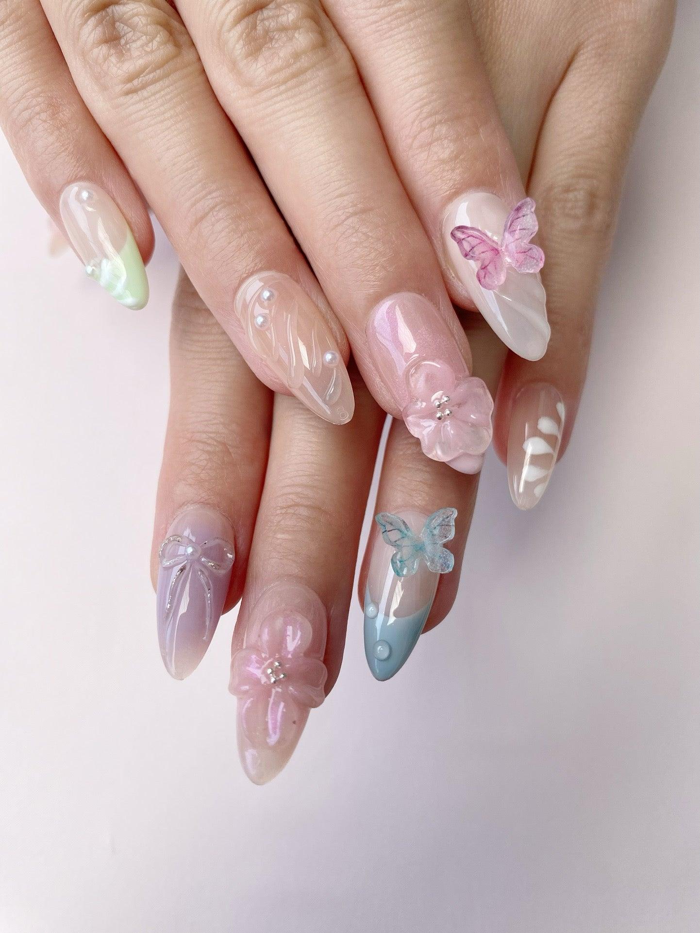 Fluttering Blooms - GO2NAIL  MEDIUM ALMOND PressOnNails