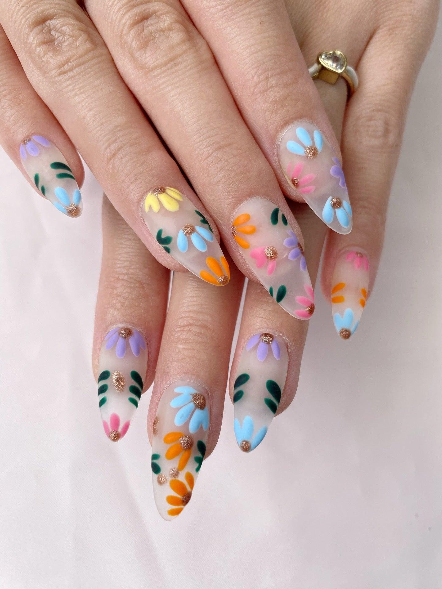 Rainbow Blossoms - GO2NAIL  MEDIUM ALMOND PressOnNails