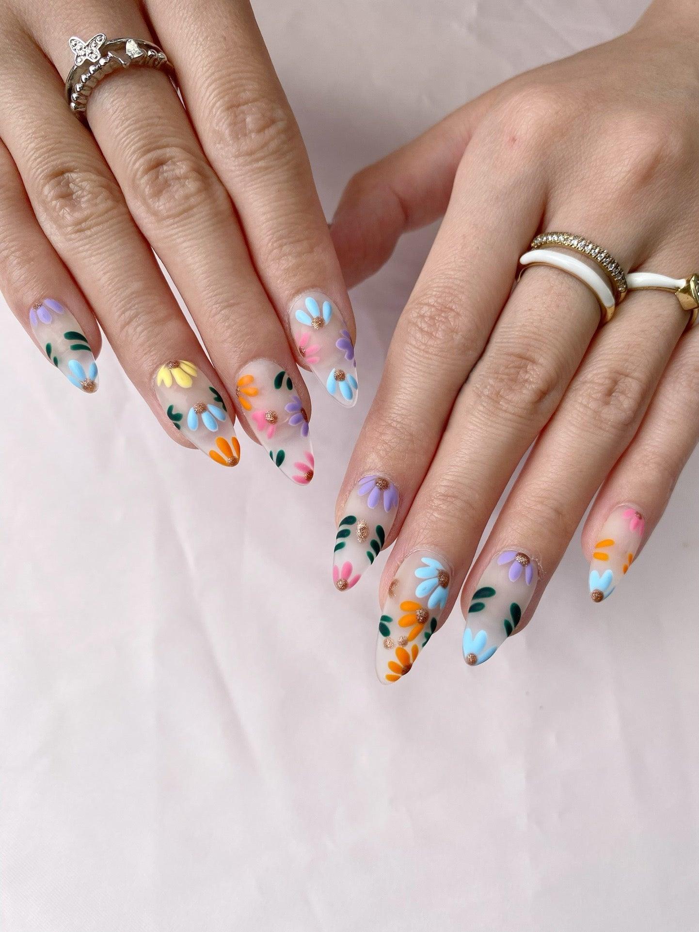 Rainbow Blossoms - GO2NAIL  MEDIUM ALMOND PressOnNails