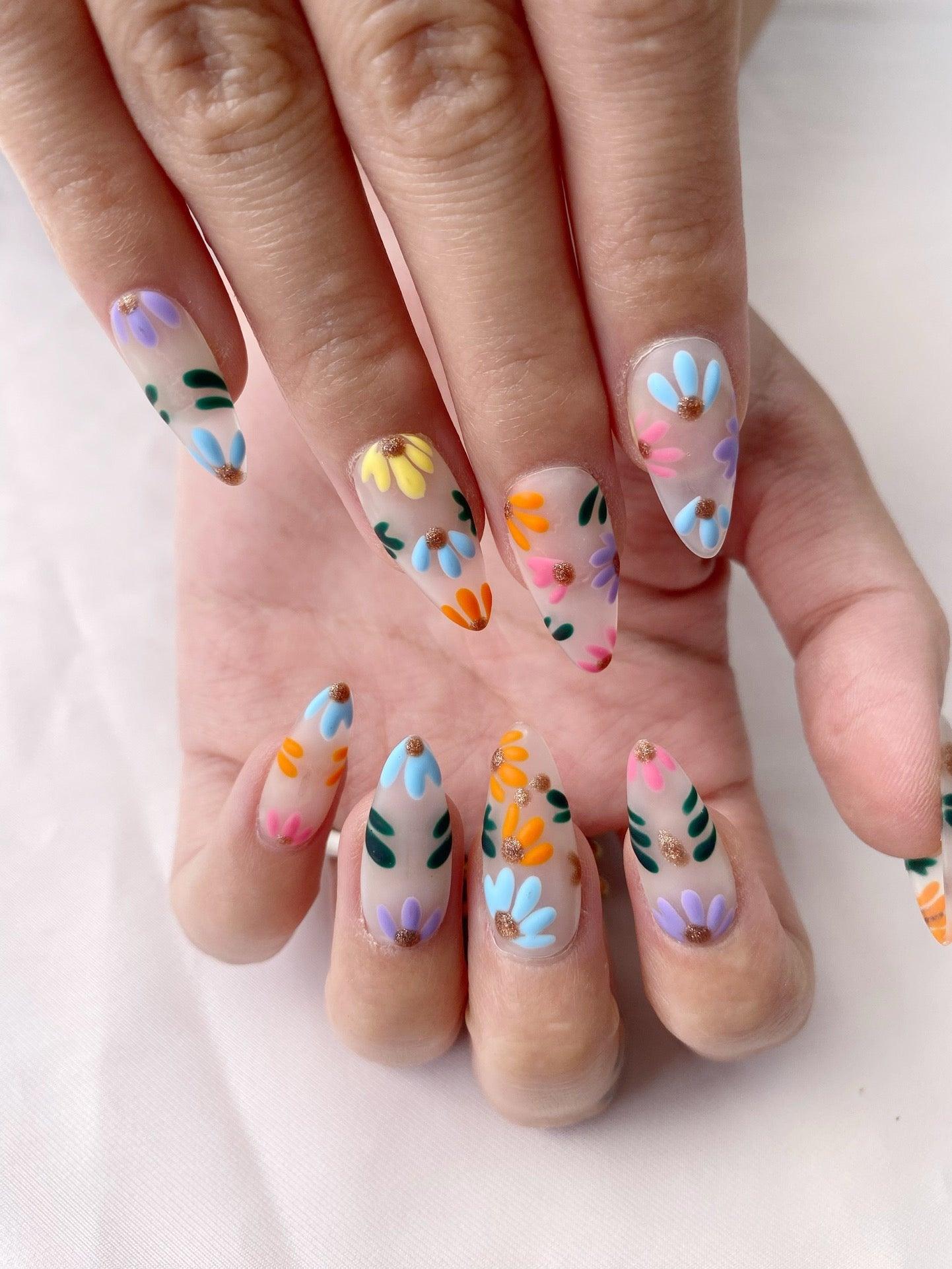 Rainbow Blossoms - GO2NAIL  MEDIUM ALMOND PressOnNails