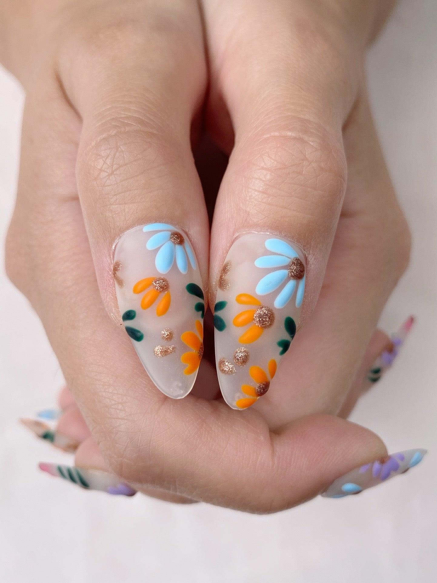 Rainbow Blossoms - GO2NAIL  MEDIUM ALMOND PressOnNails