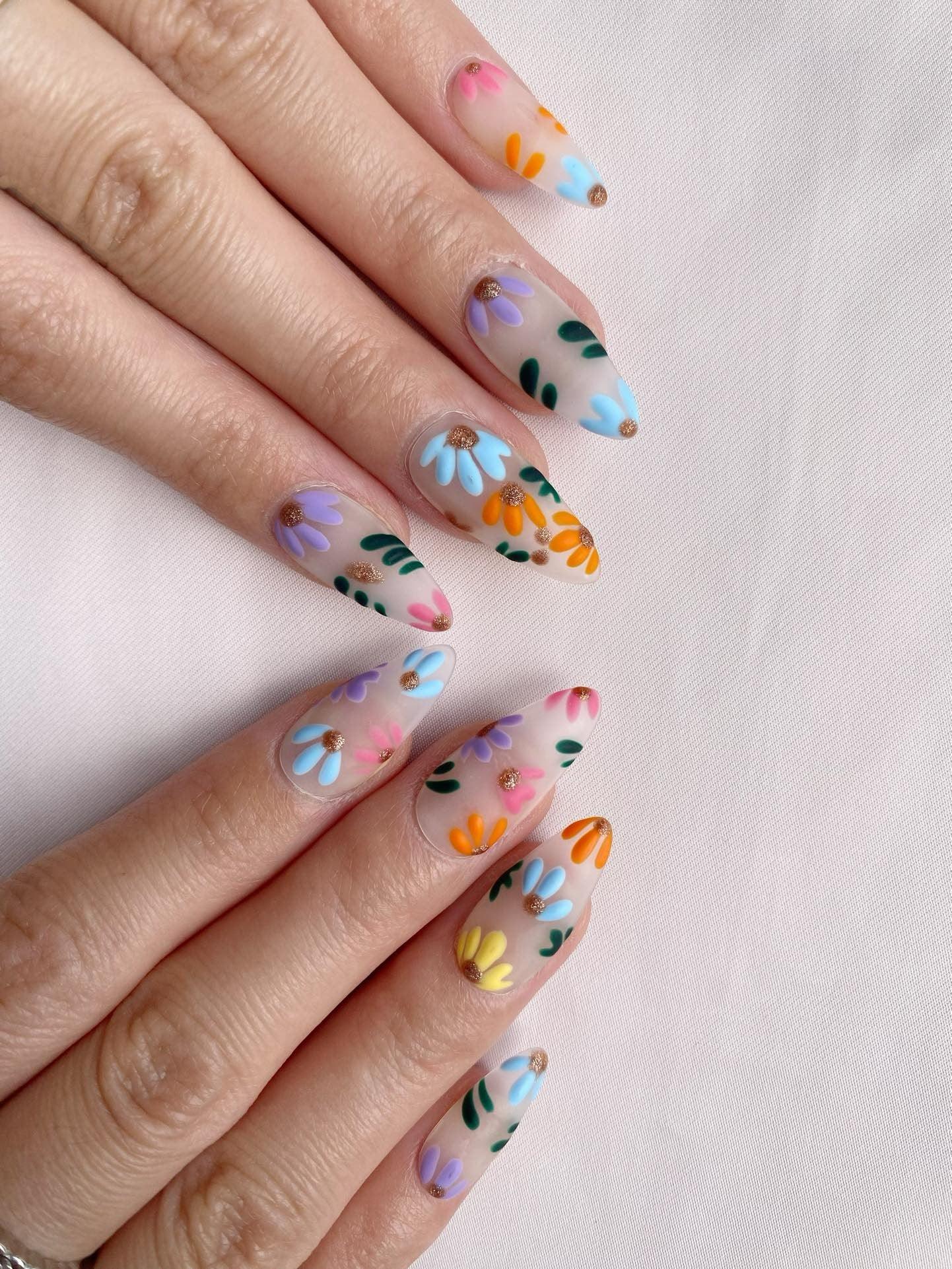 Rainbow Blossoms - GO2NAIL  MEDIUM ALMOND PressOnNails