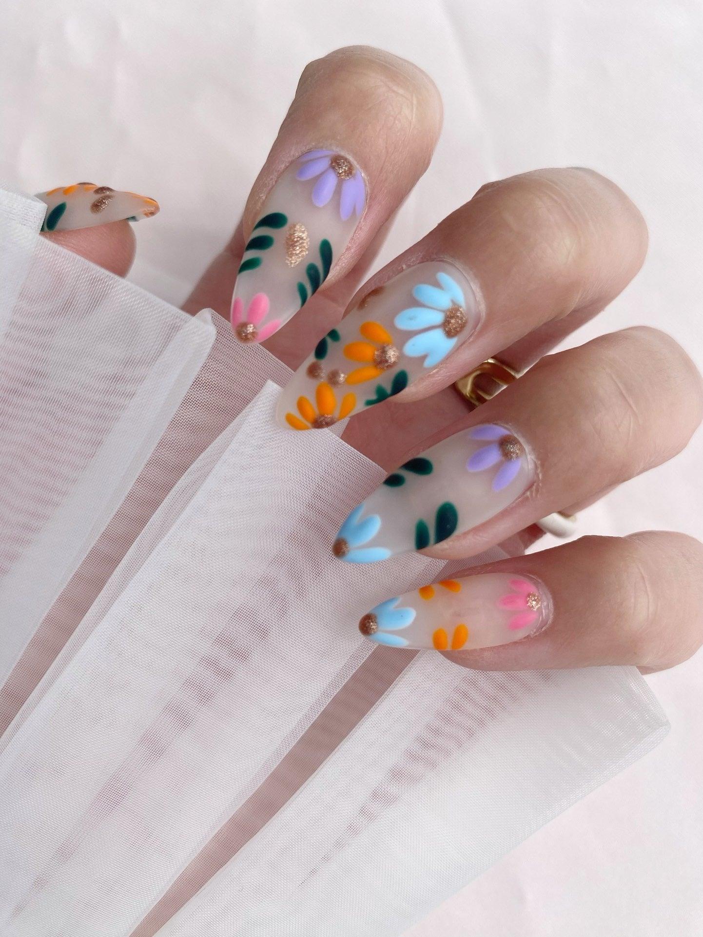 Rainbow Blossoms - GO2NAIL  MEDIUM ALMOND PressOnNails